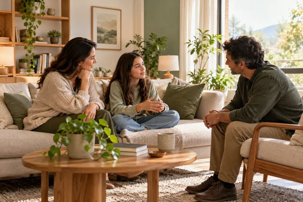 Imagen conceptual de una familia en un espacio de acompañamiento psicológico