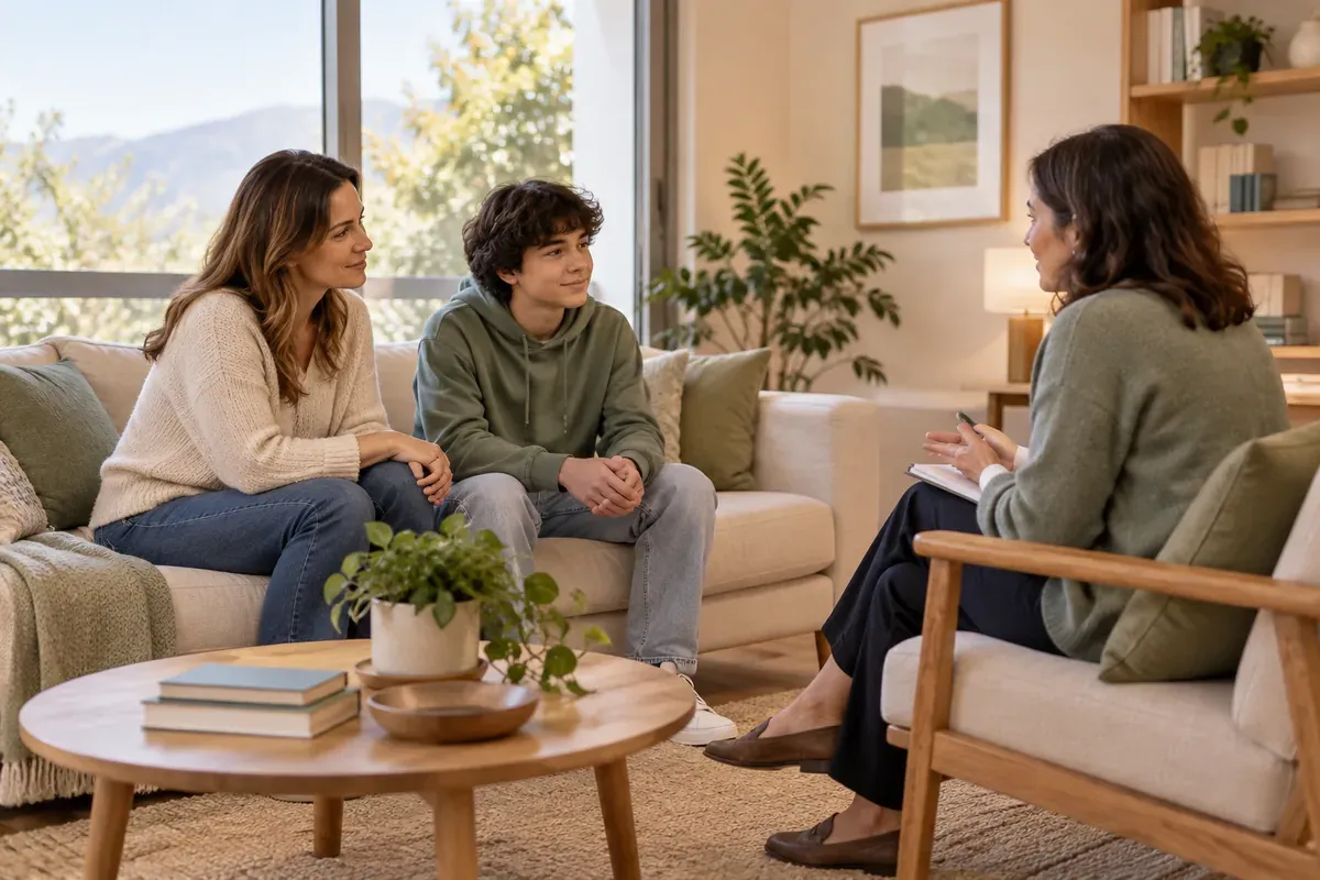 Imagen conceptual del acompañamiento emocional de un adolescente y su familia