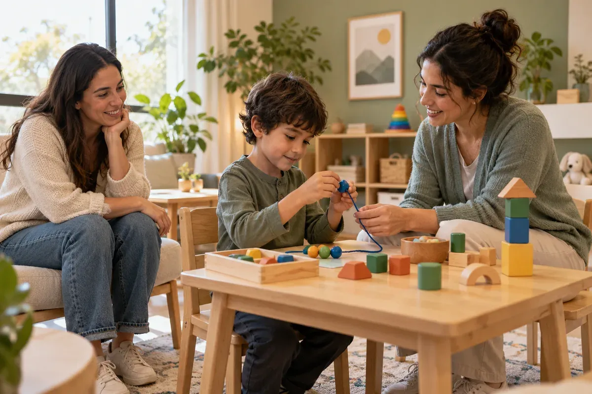 Imagen conceptual de un niño realizando una actividad de terapia ocupacional con acompañamiento de su familia