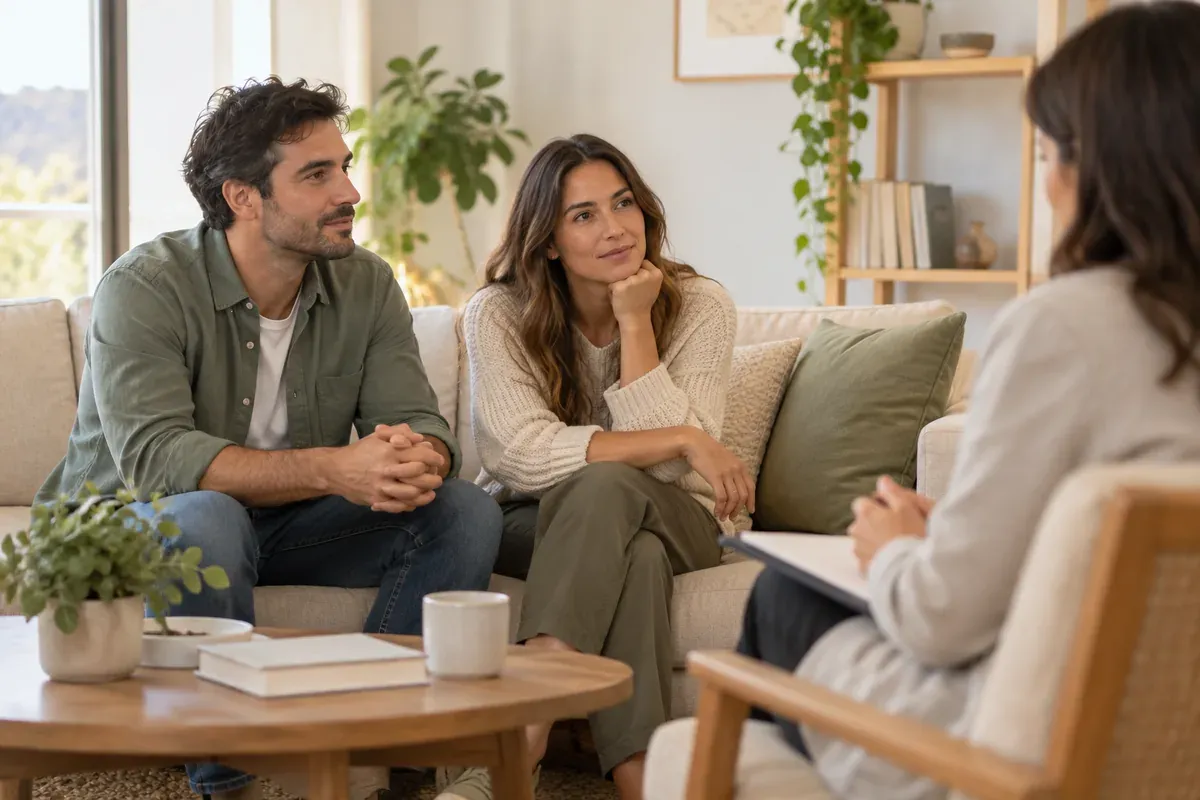Imagen conceptual de una pareja conversando en un espacio terapéutico