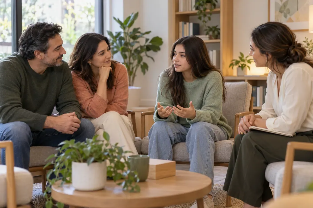 Adolescente, cuidadores y terapeuta conversando en una escena conceptual de DBT para adolescentes y familias.