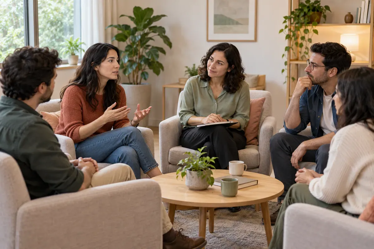Grupo de personas adultas conversando con una profesional en una escena conceptual de DBT.