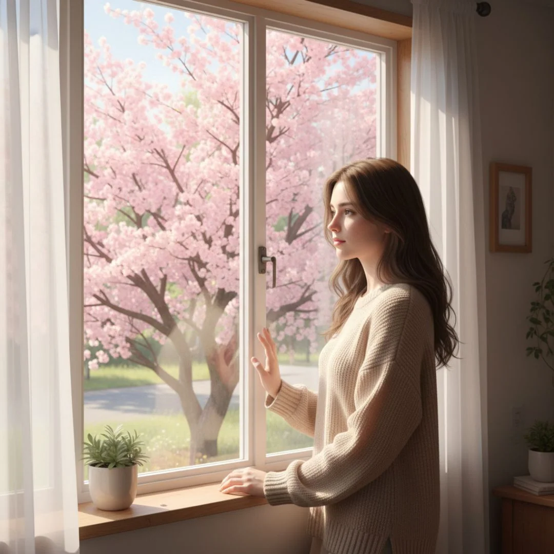 Mujer observando la primavera desde la ventana de su habitación, con un árbol en flor al fondo y luz natural suave. La escena transmite calma, introspección y bienestar emocional, relacionada con los riesgos de la primavera y el TAB y cuándo pedir ayuda.