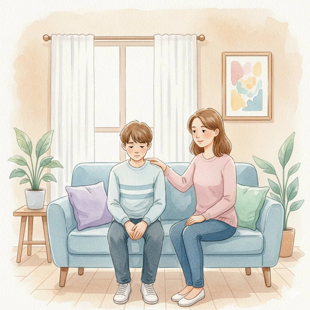 Adolescente recibiendo apoyo emocional de un amigo o terapeuta en un entorno tranquilo y seguro. Imagen cálida que transmite empatía, contención y prevención del bullying.