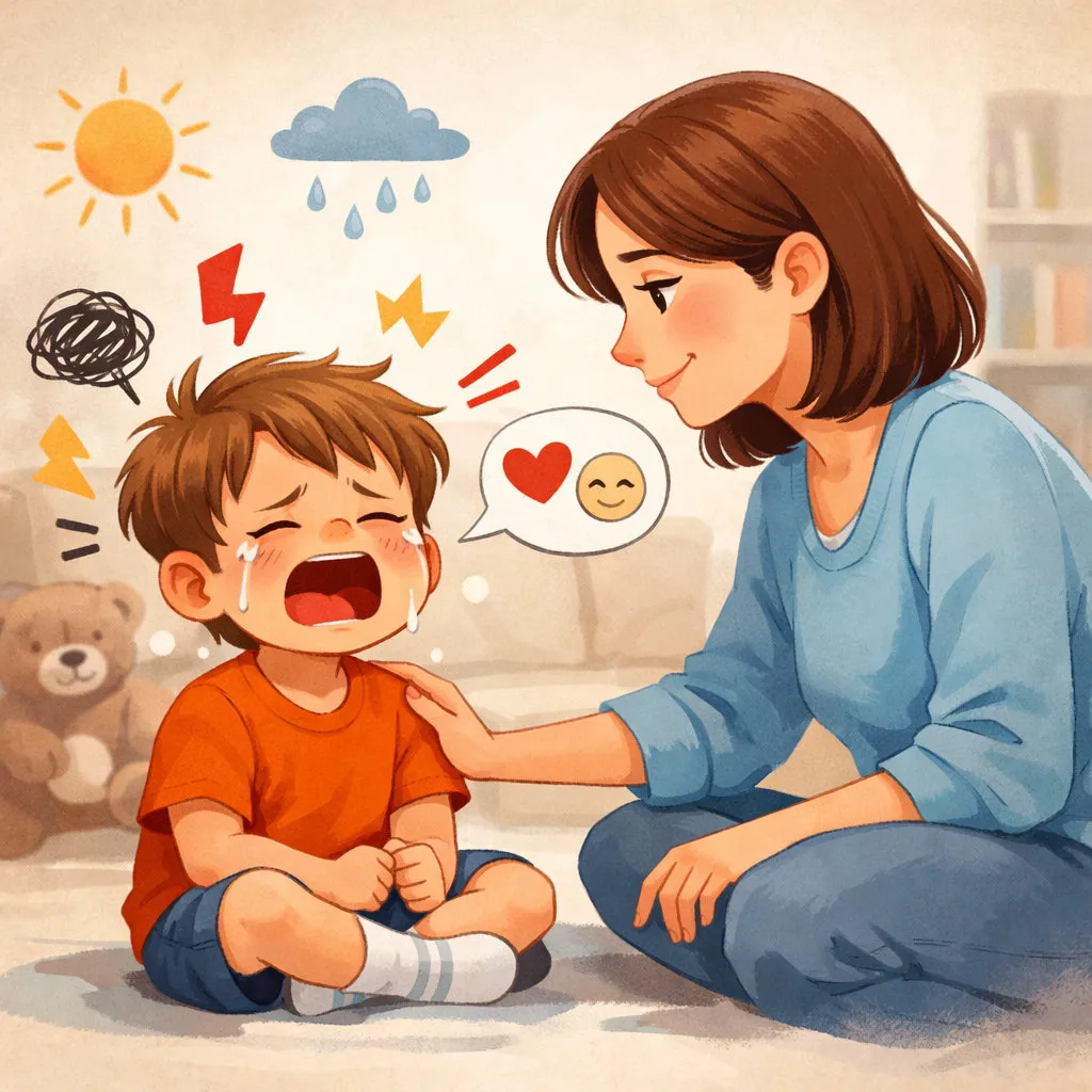Madre acompaña con calma a su hijo durante una pataleta infantil, mostrando contención emocional y apoyo afectivo en un ambiente seguro.
