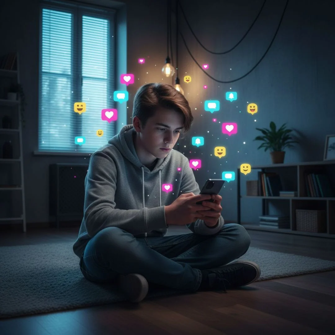 Adolescente sentado en una habitación moderna, observando su teléfono móvil con atención. Alrededor flotan íconos de redes sociales como corazones y mensajes, reflejando cómo las redes sociales afectan su estado de ánimo y bienestar emocional.