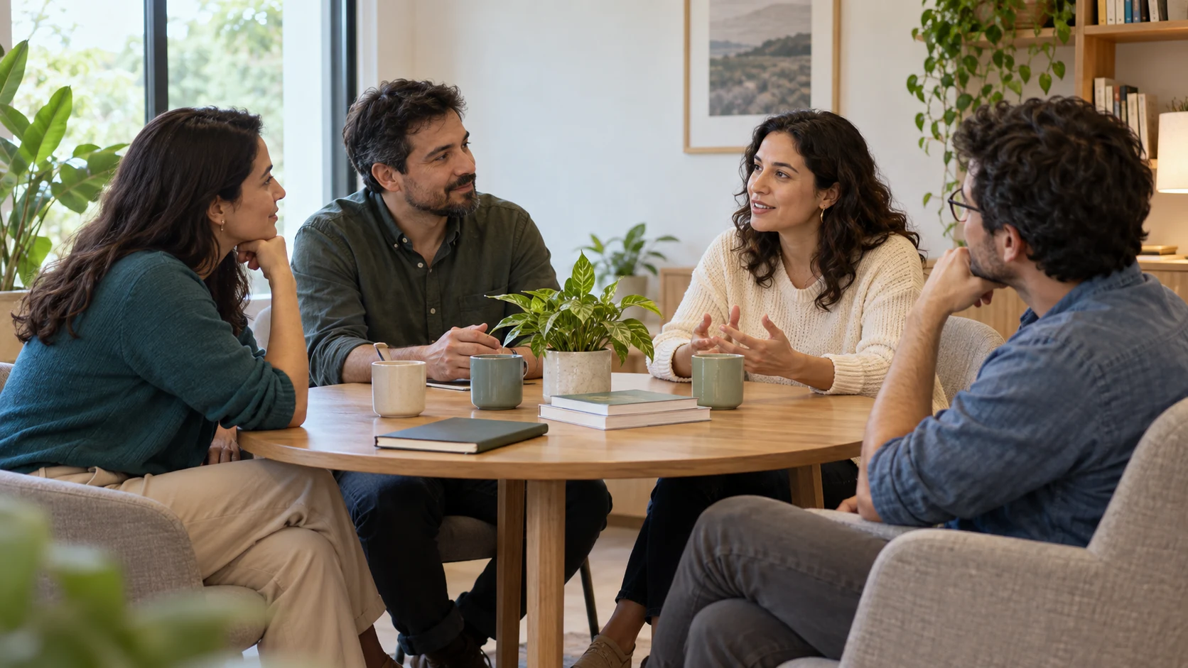 Personas compartiendo una conversación en un espacio de trabajo cálido y luminoso